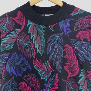 VTG 80s Cape Cod All Over Leaf Print Crewneck Sweatshirt Black Womens M Cosby